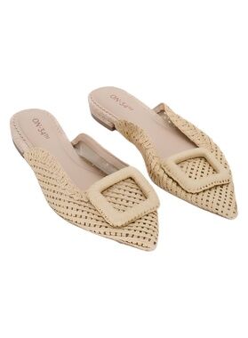 On 34th Mabel Buckle Mules Natural Woven Pointed Toe Flat Slide Size 7M